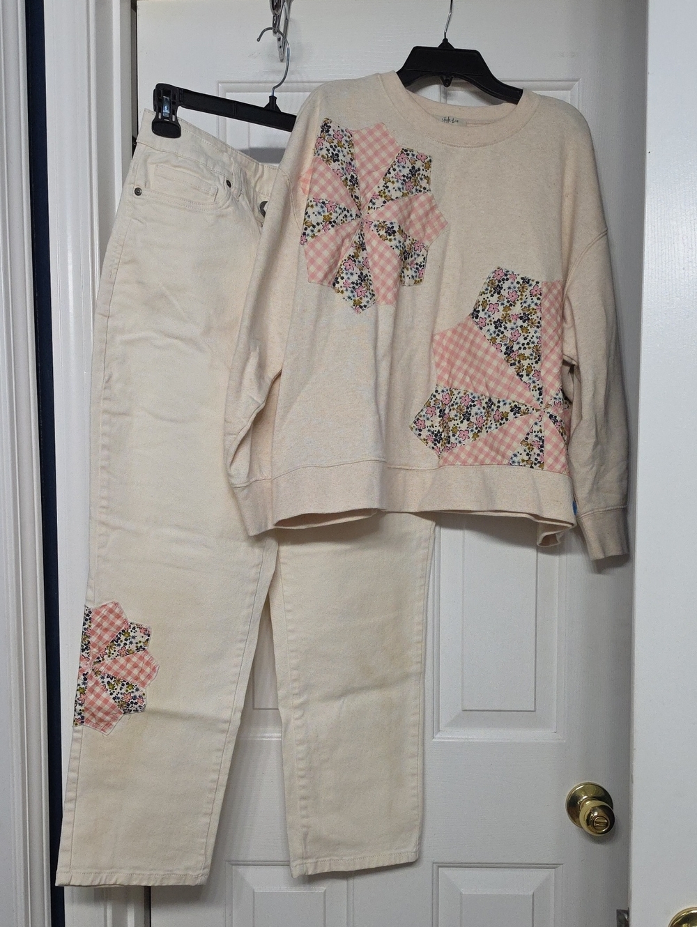 Style & Co. Cream Straight-Leg Pants with Pink Floral Patchwork Accents